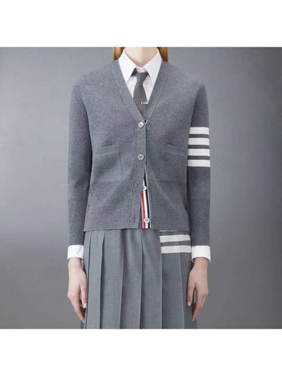 Milano Stitch 4 Bar Classic V Neck Fine Merino Wool Cardigan Medium Grey - THOM BROWNE - BALAAN 2