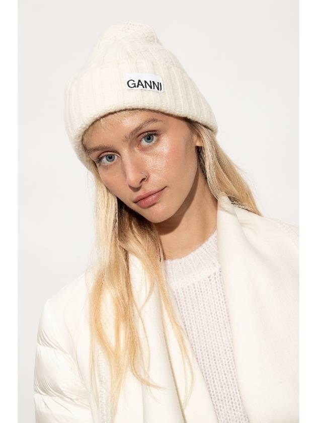 Logo Cable Knit Beanie Egret - GANNI - BALAAN 2