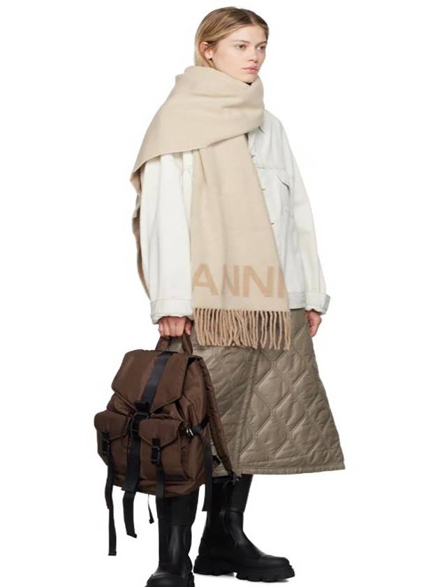 Logo Print Fringe Wool Muffler Beige - GANNI - BALAAN 6