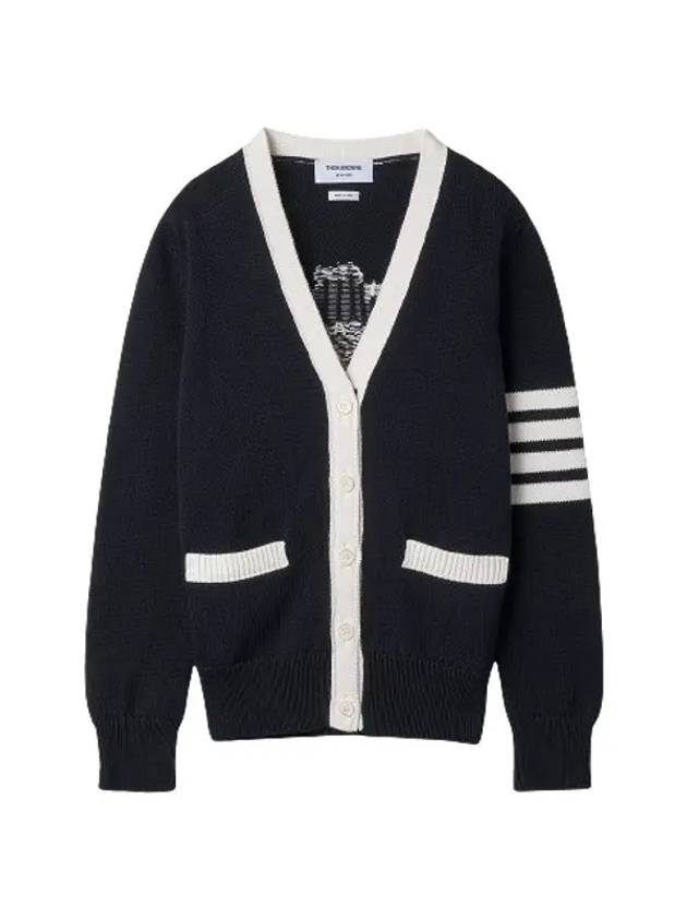 Cotton Jersey Flower 4 Bar V Neck Cardigan Navy - THOM BROWNE - BALAAN 3