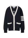 Cotton Jersey Flower 4 Bar V Neck Cardigan Navy - THOM BROWNE - BALAAN 4