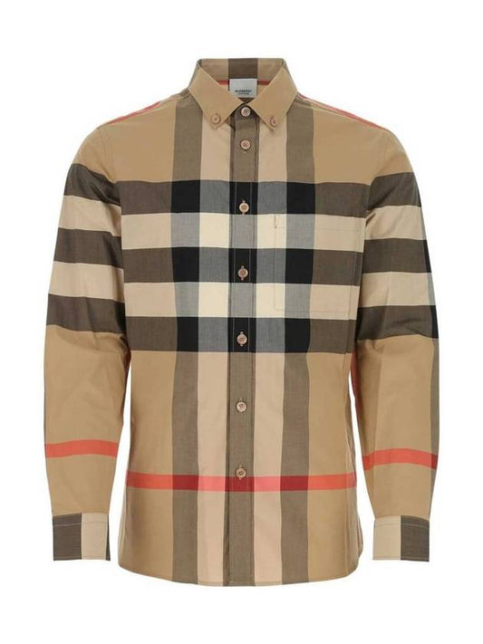 Men's Check Poplin Cotton Long Sleeve Shirt Brown - BURBERRY - BALAAN.