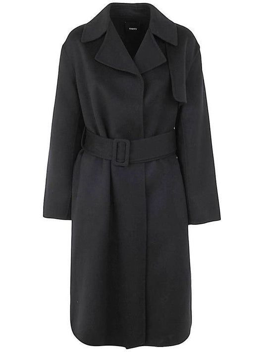 Women's Wrap Wool Cashmere Single Coat Black - THEORY - BALAAN.