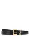 Monogram Square Buckle Crocadile Embossed Thin Leather Belt Black - SAINT LAURENT - BALAAN 6