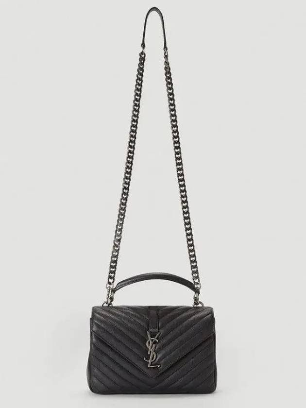 Silver Monogram College Medium Chain Crossbody Bag in Matelasse Leather Black - SAINT LAURENT - BALAAN 3