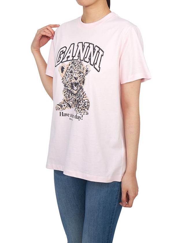 Leopard Print Cotton Short Sleeve T-Shirt Pink - GANNI - BALAAN 5