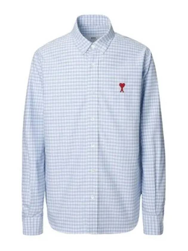 Small Heart Logo Gingham Button Long Sleeves Shirt Sky Blue - AMI - BALAAN 2