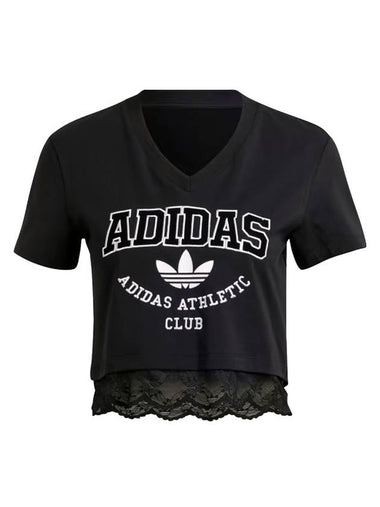 Women's Original Lace Trim Cropped Short Sleeve T-Shirt Black - ADIDAS - BALAAN 1