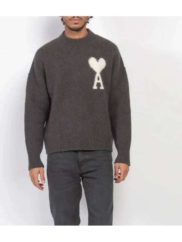 Intarsia Logo Crewneck Knit Top Dark Grey - AMI - BALAAN 2