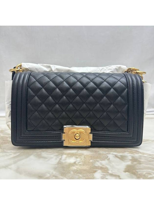 Women's Boy Bag Medium Caviar Leather Black Gold Cross Bag - CHANEL - BALAAN 1