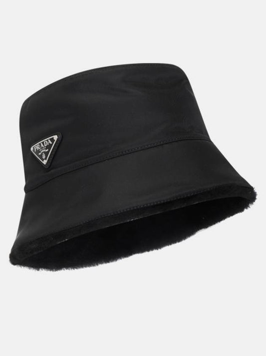 Re-Nylon Shearling Bucket Hat Black - PRADA - BALAAN 2