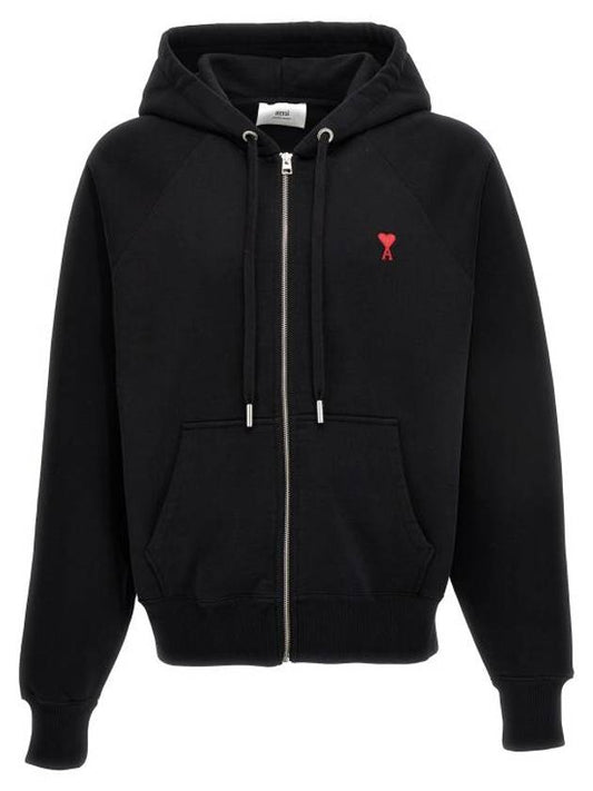 Small Heart Logo Cotton Zip Up Hoodie Black - AMI - BALAAN 1