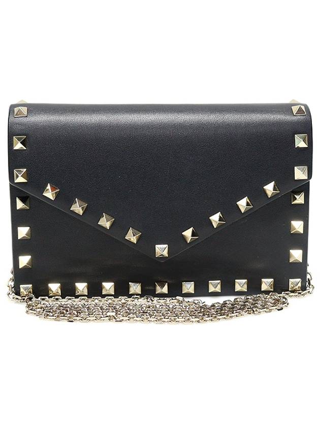 UW2P0Q58BOL Black Calfskin Rockstud Envelope Mini Pouch Chain Crossbody Bag - VALENTINO - BALAAN 1