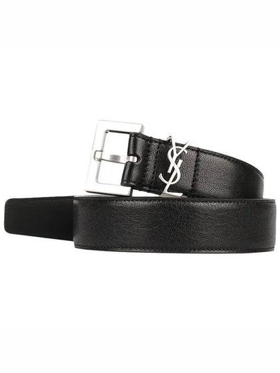 Silver Hardware Monogram Buckle Leather Belt Black - SAINT LAURENT - BALAAN 2