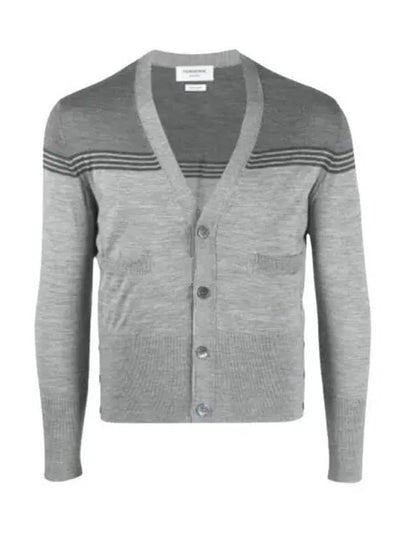 Jacquard Merino Jersey V-Neck Yoke Cardigan Light Grey - THOM BROWNE - BALAAN 2