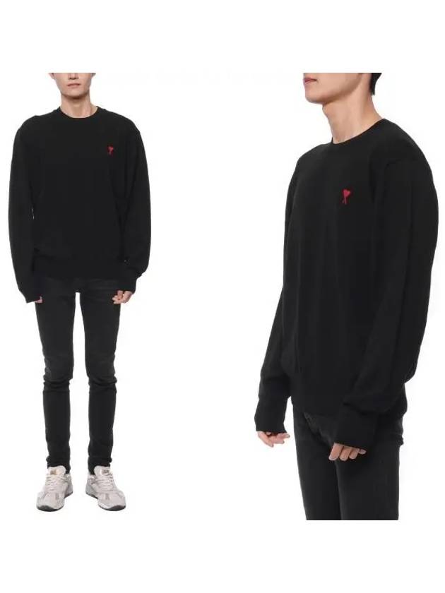 Heart Embroidered Logo Crew Neck Knit Top Black - AMI - BALAAN 2