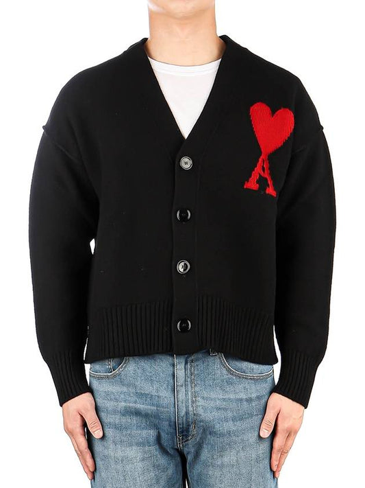 Heart Logo V Neck Wool Cardigan Black - AMI - BALAAN 2