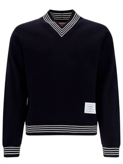 Loop Milano V Neck Wool Knit Top Navy - THOM BROWNE - BALAAN 2