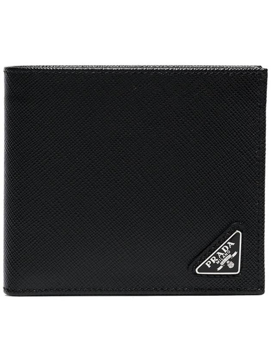 Saffiano Coin Pocket Triagle Logo Leather Wallet Black - PRADA - BALAAN.