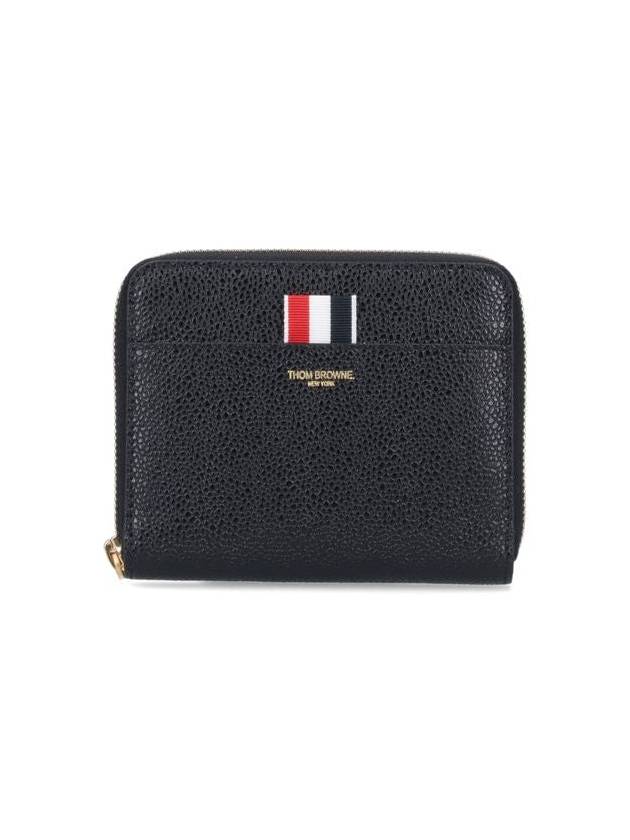 Three Stripes Pebble Grain Zipper Round Half Wallet Black - THOM BROWNE - BALAAN 2