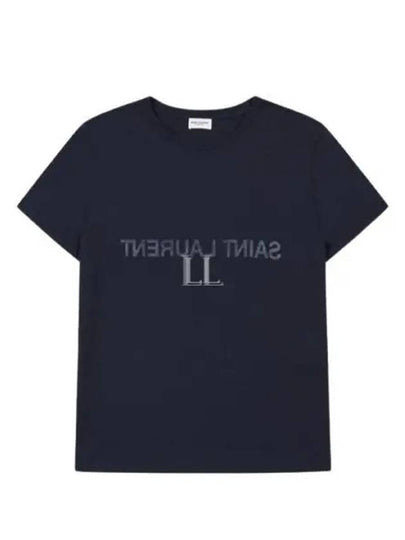 Reverse Logo Print Cotton Short Sleeve T-Shirt Navy - SAINT LAURENT - BALAAN 2