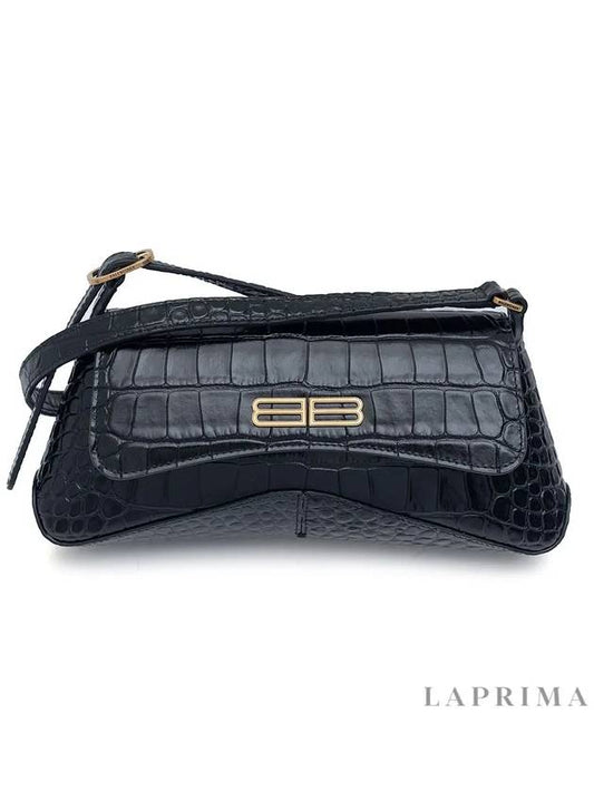 BB Logo Crocodile Embossed XX Small Flap Shoulder Bag Black - BALENCIAGA - BALAAN.