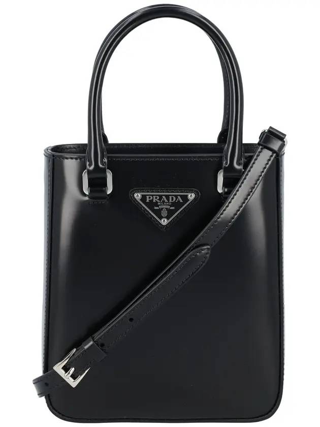 Triangle Logo Brushed Leather Small Tote Bag Black - PRADA - BALAAN 1