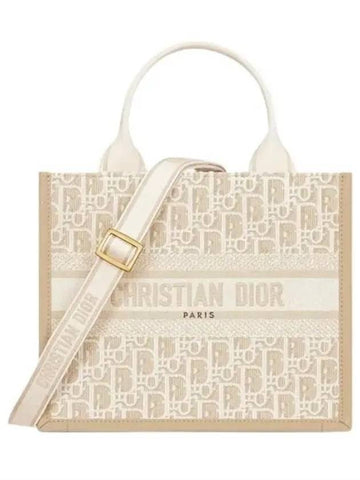 Small Book Oblique Embroidered Calfskin Tote Bag Beige - DIOR - BALAAN 1