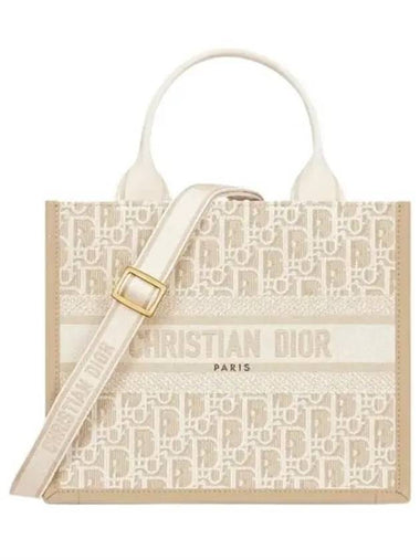 Small Book Oblique Embroidered Calfskin Tote Bag Beige - DIOR - BALAAN 1