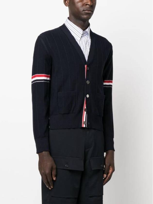 RWB V-neck Striped Virgin Wool Cardigan Navy - THOM BROWNE - BALAAN 3