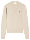 Men's Heart Logo V-Neck Cashmere Knit Top Beige - AMI - BALAAN 2