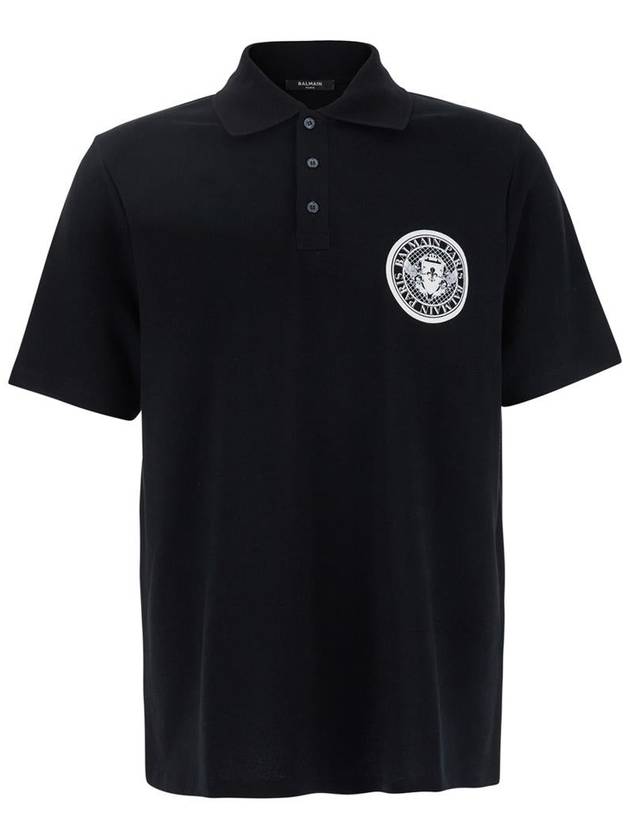 Black Polo Shirt With Collar And Coin Print On The Front In Cotton Man - BALMAIN - BALAAN 1