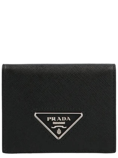 Triangle Logo Saffiano Leather Half Wallet Black - PRADA - BALAAN 1