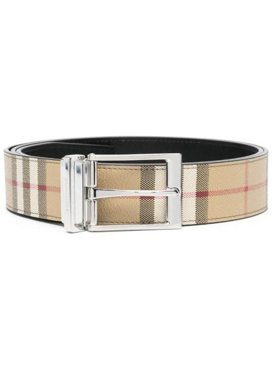 Square Buckle Check Reversible Coated Fabric Leather Belt Beige - BURBERRY - BALAAN.