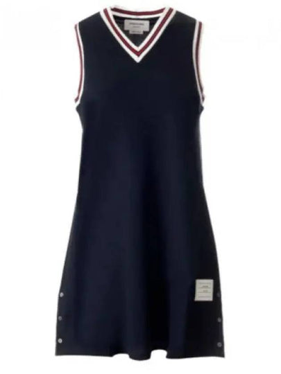 Women's Classic Pique Stripe V-Neck Cotton Tennis Dress Navy - THOM BROWNE - BALAAN 2