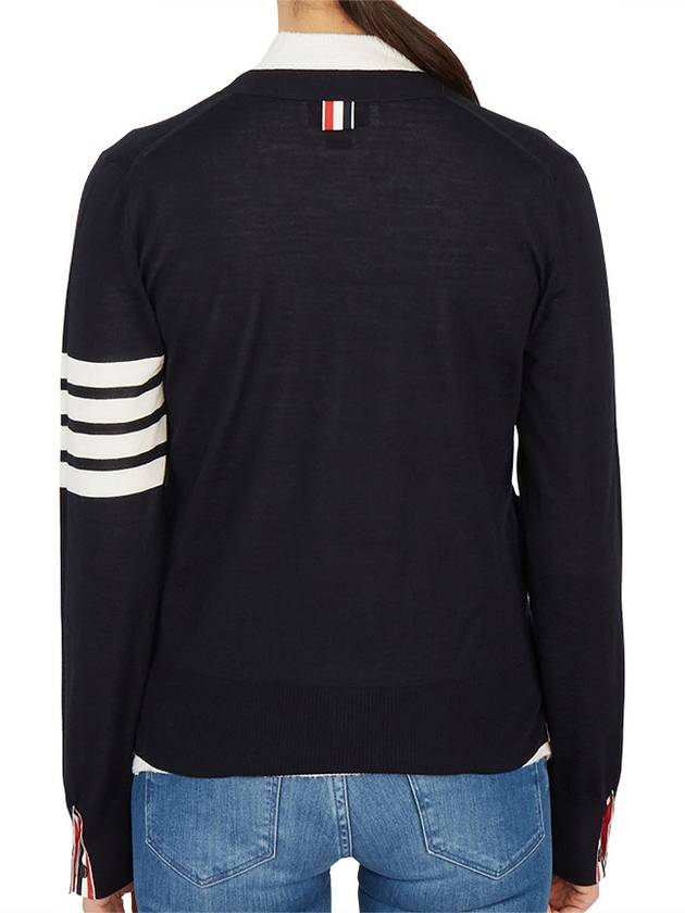 Sustainable Fine Merino Wool 4-Bar Relaxed Fit V-Neck Cardigan Navy - THOM BROWNE - BALAAN 6