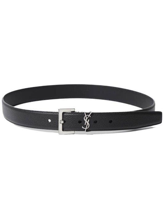 Grained Leather Silver Monogram Belt Black - SAINT LAURENT - BALAAN 2