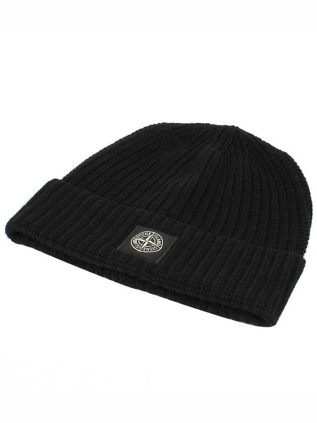 Logo Patch Rib Wool Beanie Black - STONE ISLAND - BALAAN 2