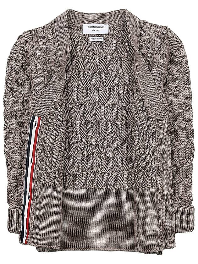 Merino Wool Crisscross Cable Stitch 3/4 Sleeve V-Neck Cardigan Medium Brown - THOM BROWNE - BALAAN 9