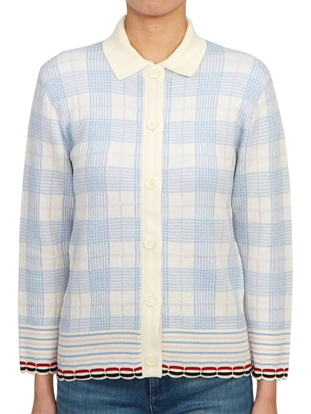 Hairline Check Scalloped Polo Cardigan Light Blue - THOM BROWNE - BALAAN 3