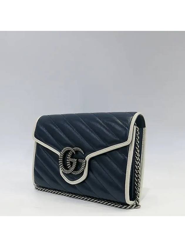 573807 Silver GG logo navy leather Marmont mini chain cross bag - GUCCI - BALAAN 2