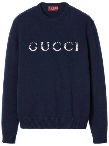 Intarsia Wool Sweater Dark Blue - GUCCI - BALAAN 1