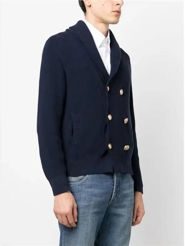 Men's Gold Button Double Breasted Cardigan Blue - BRUNELLO CUCINELLI - BALAAN 5