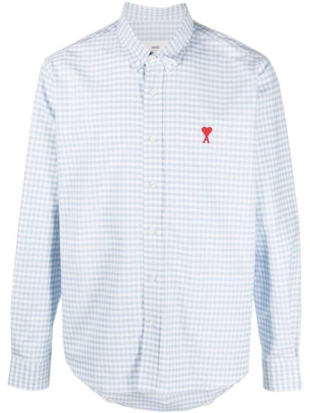 Small Heart Logo Gingham Button Long Sleeves Shirt Sky Blue - AMI - BALAAN 1