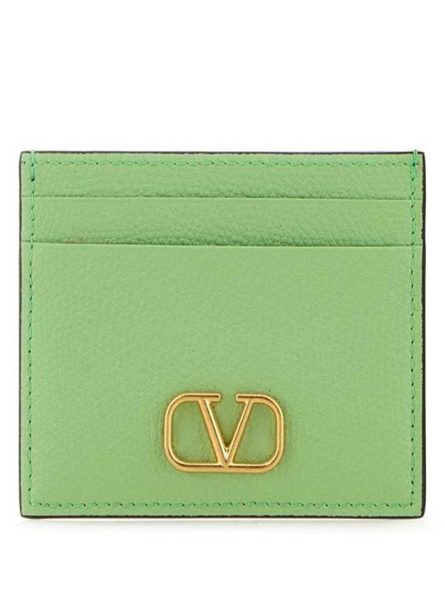 V Logo Signature Grainy Calfskin Card Wallet Green - VALENTINO - BALAAN 1