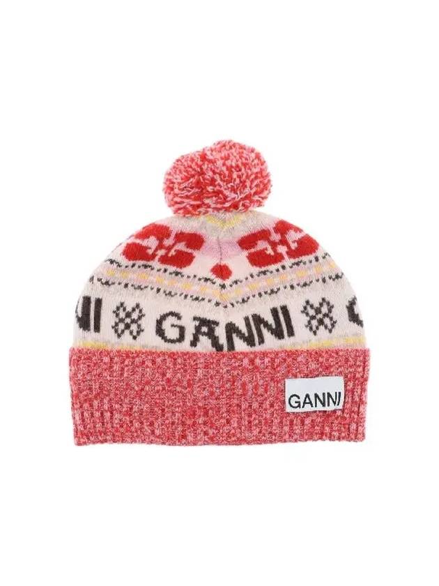 Logo Graphic Intarsia Knit Beanie Red - GANNI - BALAAN 2