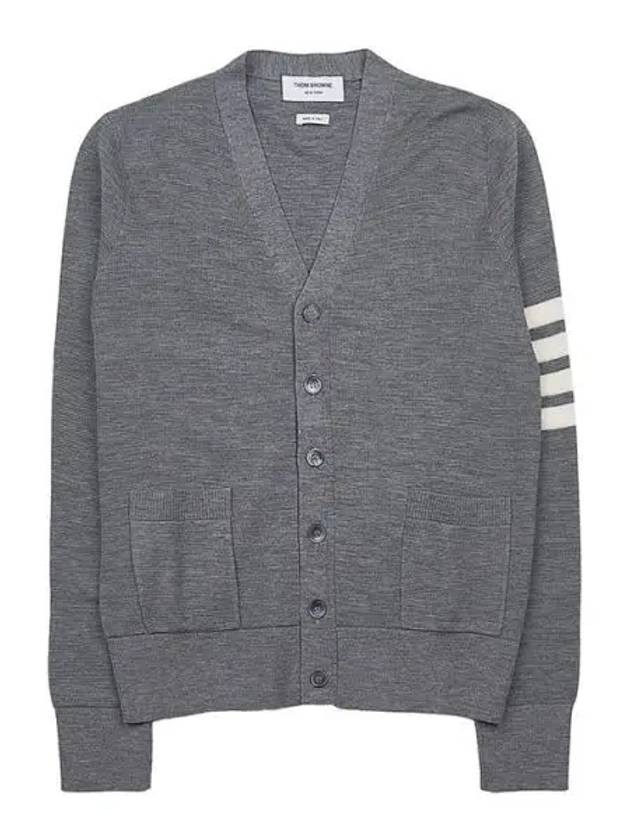 4-Bar Striped Waffle High V-Neck Cardigan Light Grey - THOM BROWNE - BALAAN 2