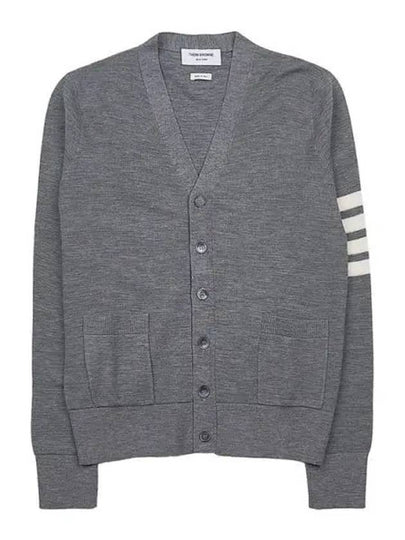 4-Bar Striped Waffle High V-Neck Cardigan Light Grey - THOM BROWNE - BALAAN 2