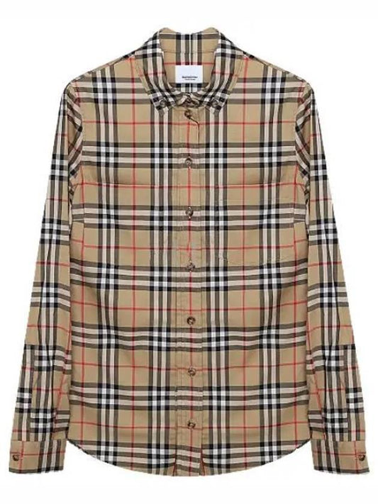 Button Down Collar Vintage Check Stretch Cotton Long Sleeve Shirt Beige - BURBERRY - BALAAN 2