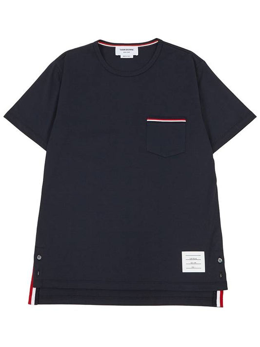 Men's Medium Weight Jersey Tipped Pocket Crewneck Short Short Sleeve T-Shirt Navy - THOM BROWNE - BALAAN 2